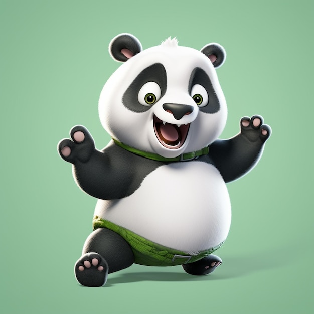 Un panda feliz levantando los brazos en un fondo plano saltando al estilo cómico