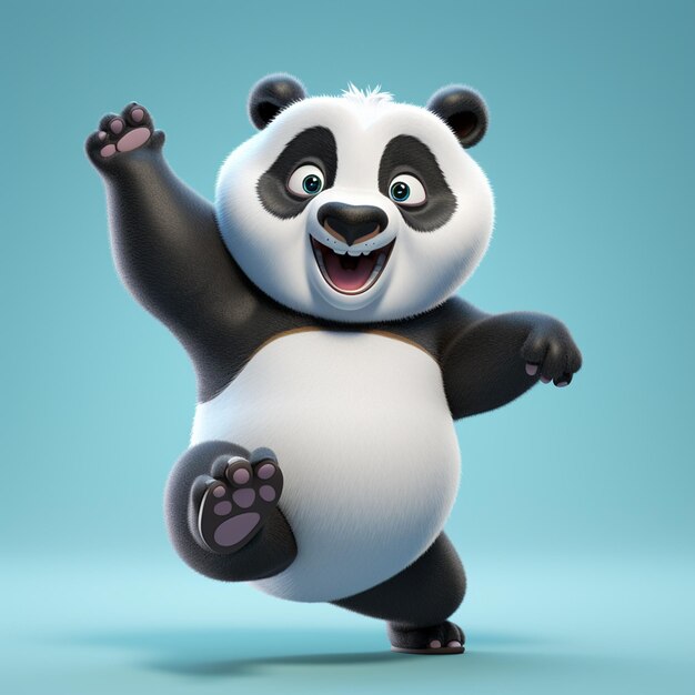 Un panda feliz levantando los brazos en un fondo plano saltando al estilo cómico