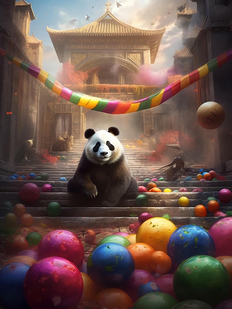 Panda en una fiesta de cumpleaños con muchos globos