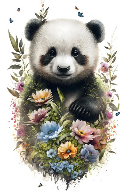 Un panda con flores