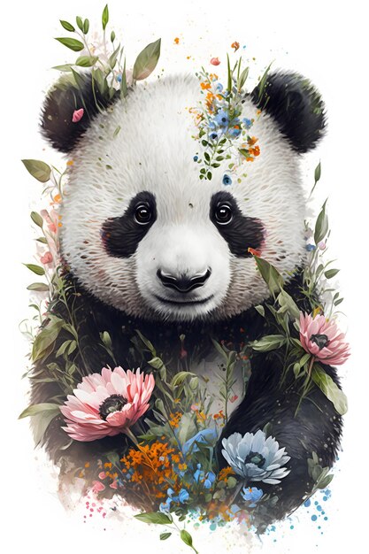 Un panda con flores