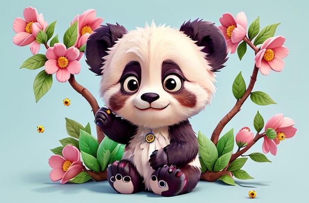 Panda fofo de olhos arregalados em 3D com flores e frutas ao redor IA generativa
