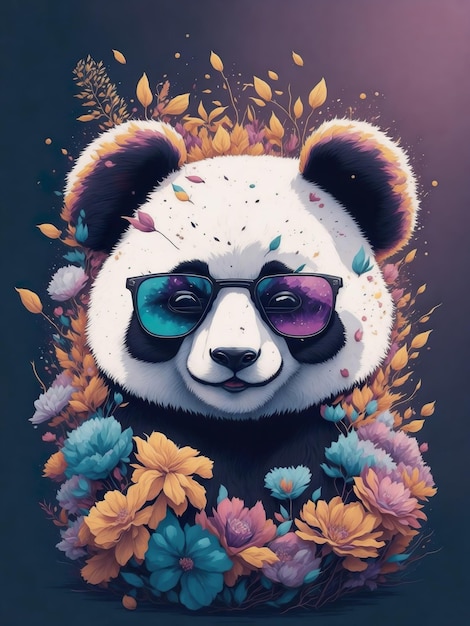 Un panda con gafas de colores y flores.