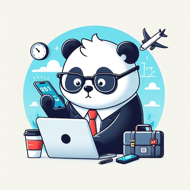 un panda con gafas haciendo negocios con una computadora portátil