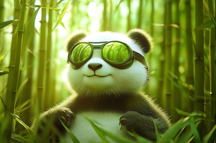 Foto panda con gafas de protección sentado en el bosque de bambú