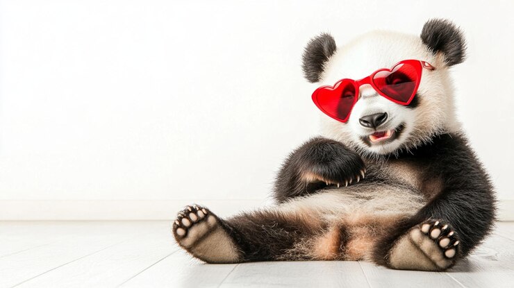 Foto un panda con gafas de sol de corazón de amor en un fondo blanco
