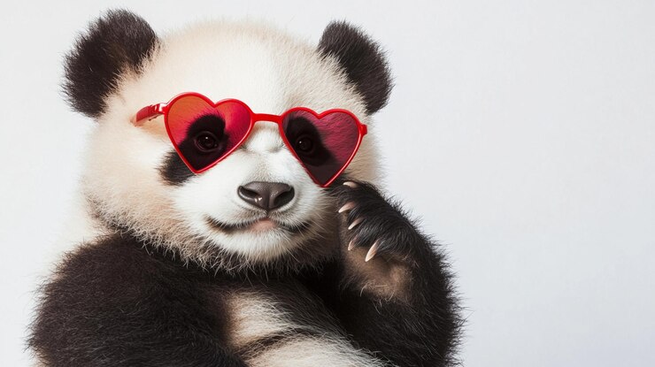 Foto un panda con gafas de sol de corazón de amor en un fondo blanco