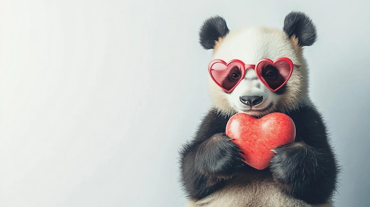 Foto un panda con gafas de sol de corazón de amor en un fondo blanco