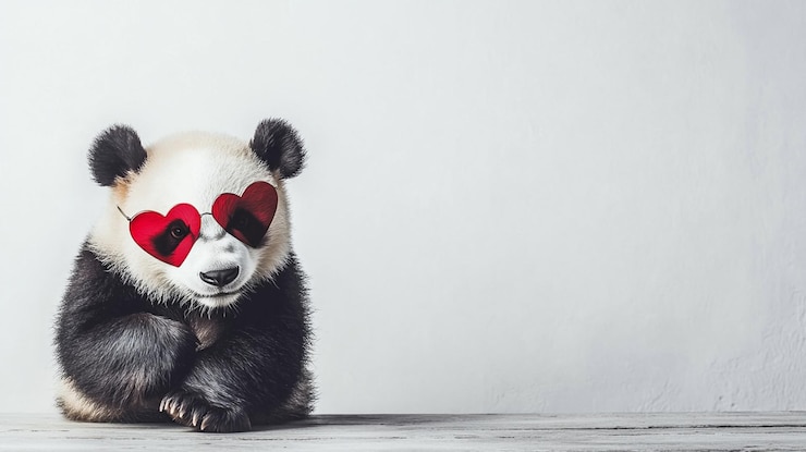 Foto un panda con gafas de sol de corazón de amor en un fondo blanco