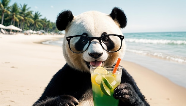 Panda con gafas de sol disfrutando de una copa en la playa