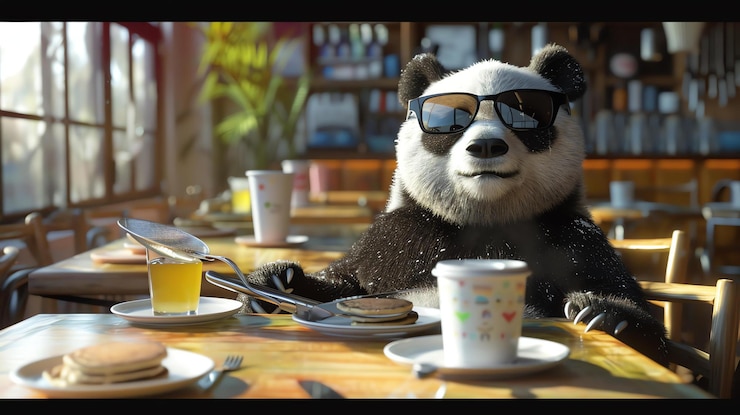 Foto un panda con gafas de sol está sentado en una mesa en un restaurante comiendo panqueques y bebiendo jugo.
