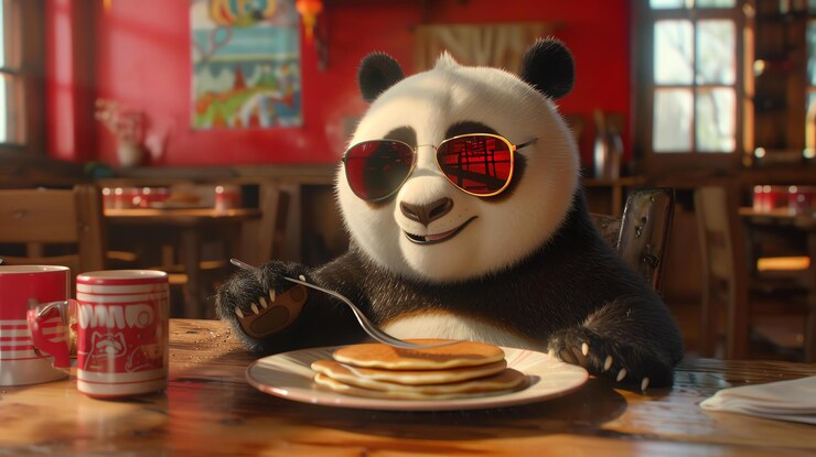Foto un panda con gafas de sol está sentado en una mesa en un restaurante comiendo un plato de panqueques con un tenedor