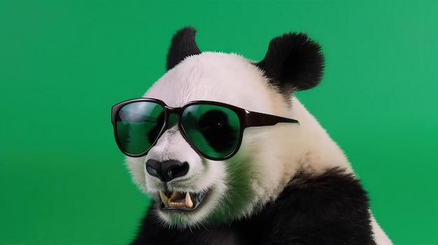 Un panda con gafas de sol y un fondo verde.