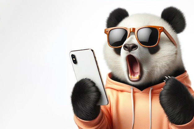 Panda con gafas de sol con un teléfono inteligente sobre un fondo blanco