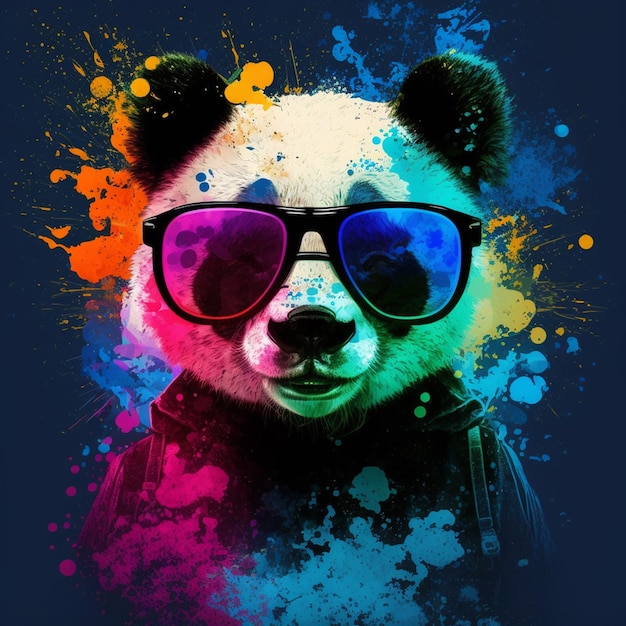 Un panda genial con gafas de sol está sobre un fondo colorido Generado por AI