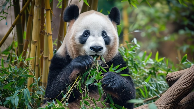 El panda gigante disfruta de una comida de bambú en la naturaleza