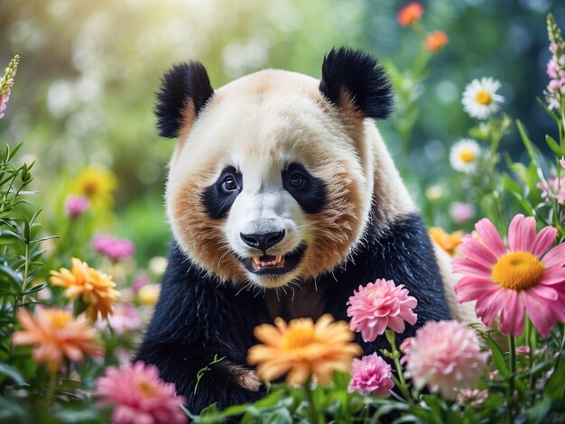 Panda gigante em um fundo floral ao sol