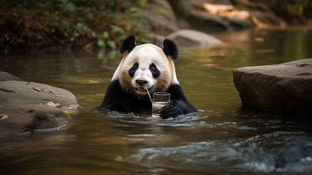 Un panda gigante está bebiendo de un vaso en un río.