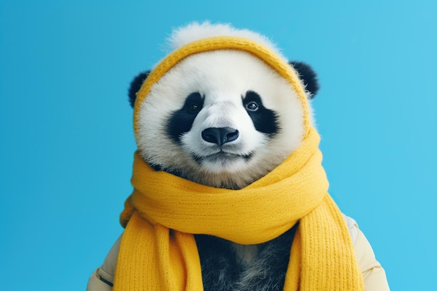 Un panda con un gorro de nieve y una bufanda de fondo azul aislado amarillo.