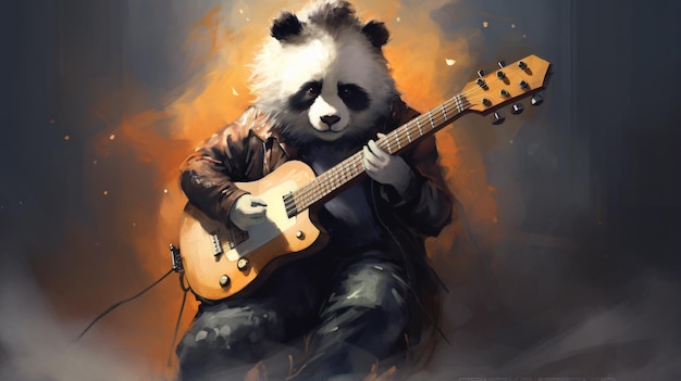 Panda con una guitarra Un hombre con un traje de panda