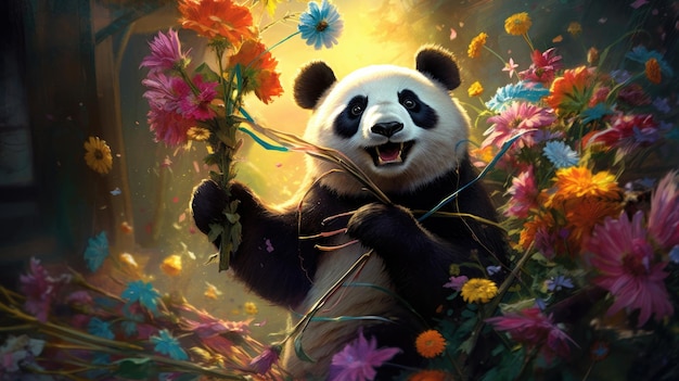 Panda hält Blumen mit einem Lächeln