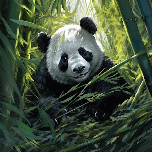 un panda en la hierba con bambú en el fondo.