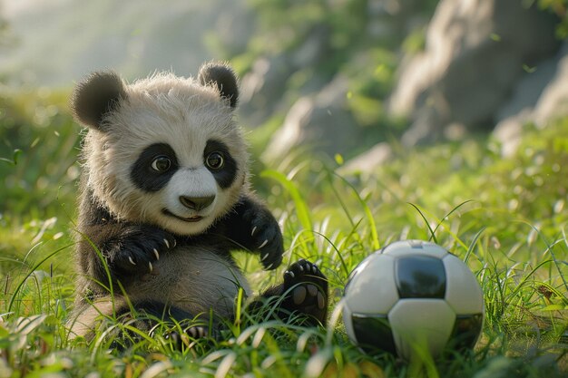 Panda hiperrealista jogando futebol