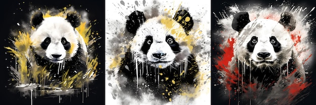 Panda-Illustrationskollektion in den Farben Weiß, Schwarz, Gelb und Rot. Abstraktes Panda-Porträt im Pop-Art-Stil. Aquarell-Panda-Illustration mit Farbspritzer. Farbspritzer-Pandabär