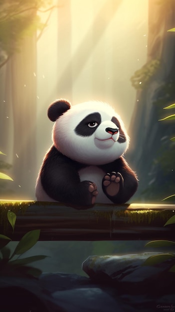 Panda im Wald mit einem Baum im Hintergrund