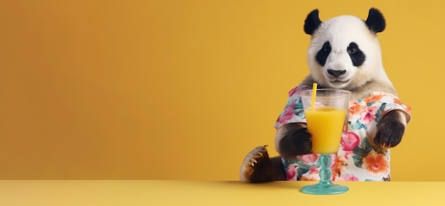 Panda in Sommerkleidung mit Sommercocktail Banner mit Kopierraum auf gelbem Hintergrund