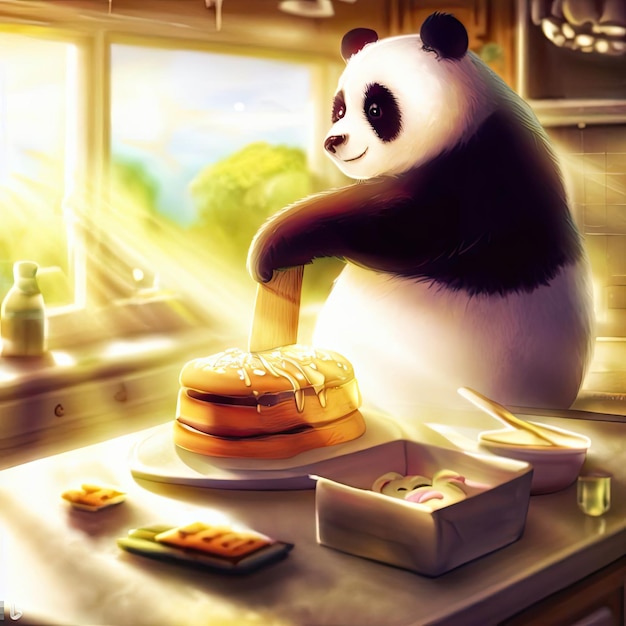 Panda isst Kuchen in der Küche 3D-Illustration getönt