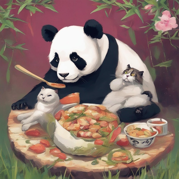 Panda isst mit Katze Fantasie-Bild ai generierte Kunst