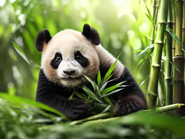 Un panda joven y lindo comiendo hojas de bambú. Ilustración generativa.