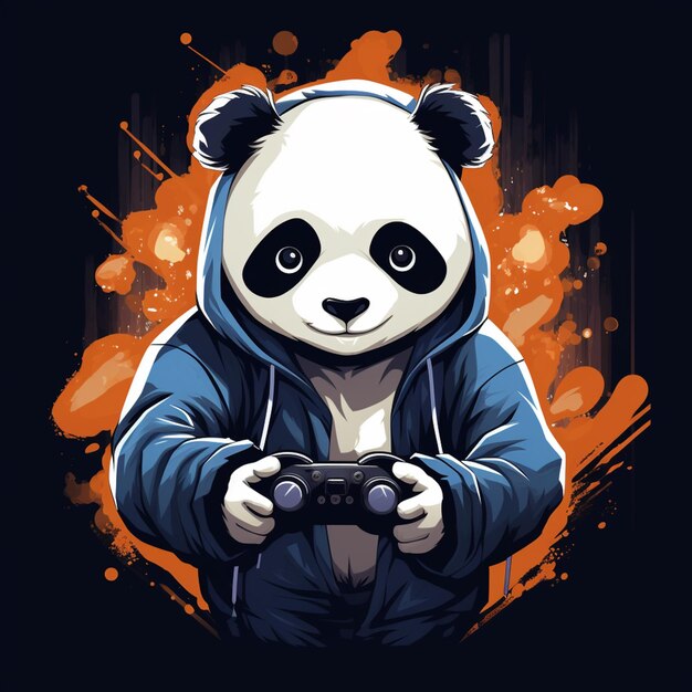 Foto panda jugando al videojuego con el controlador en una habitación oscura con manchas naranjas generativa ai