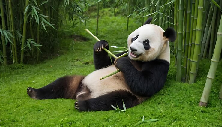 Foto un panda juguetón disfrutando del bambú en un hábitat verde y exuberante
