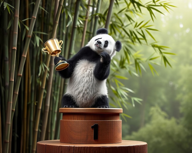 Foto un panda juguetón en un podio rodando un trofeo en el fondo de un bosque de bambú