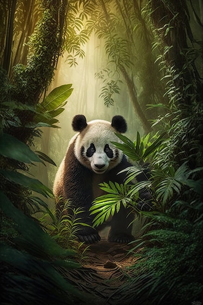 Un panda en la jungla con una luz brillando en su rostro.