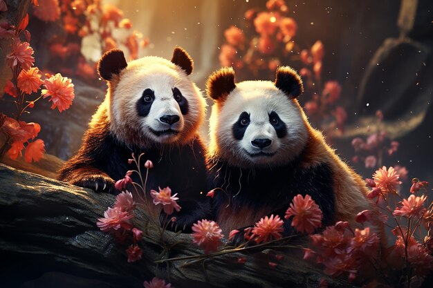 Panda junto al río en un bosque de bambú Escena fantástica