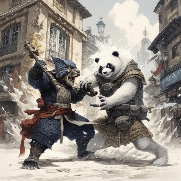 Un panda kung fu en un diseño de camiseta de paisaje chino