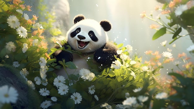 un panda en un lecho de flores con flores y un oso panda.