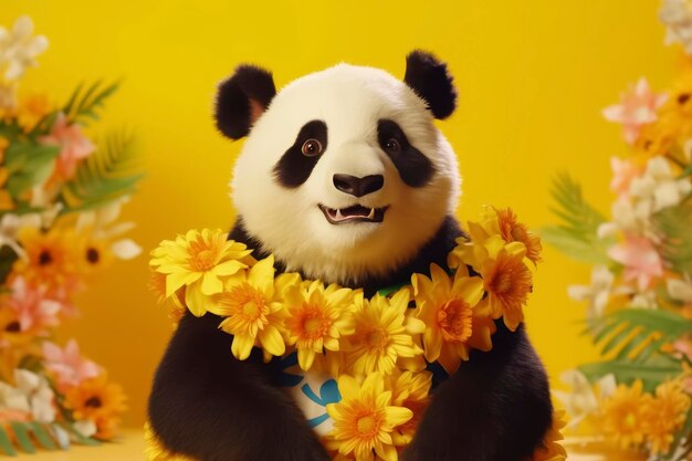 Panda con lei floral en fondo amarillo