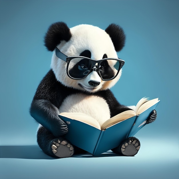 Panda lendo um livro em fundo azul escuro