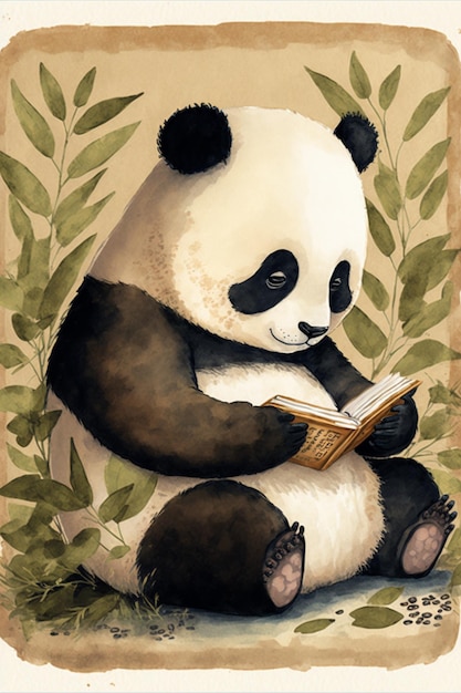 Un panda leyendo un libro en una escena selvática.