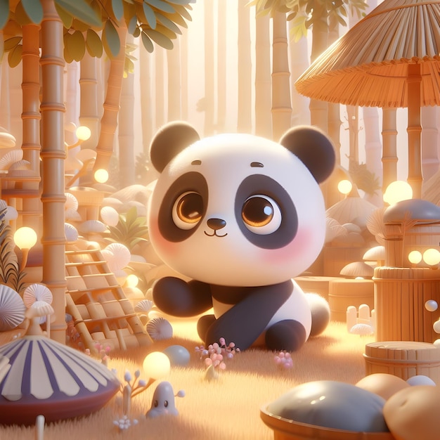 panda lindo con ojos brillantes y brillantes en un bosque de bambú en estilo de animación 3D