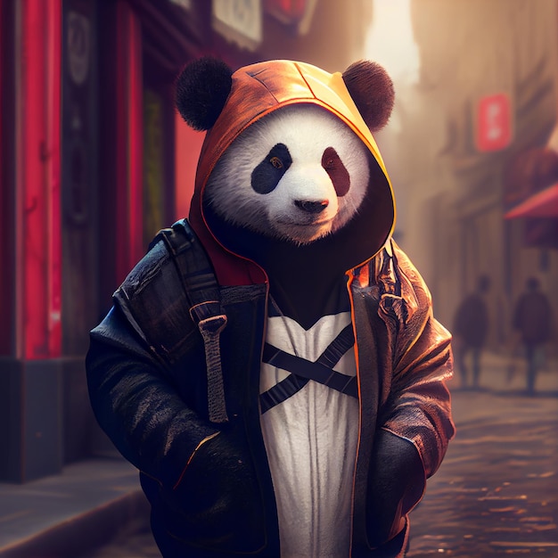 Panda lindo realista en ropa de calle en la calle de la gran ciudad IA generativa