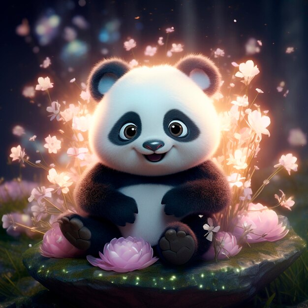 Un panda lindo rodeado de elementos inspirados en una ilustración justa