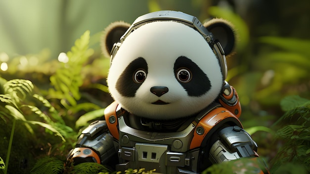 Foto panda lindo con traje de robot de fondo ia generativa