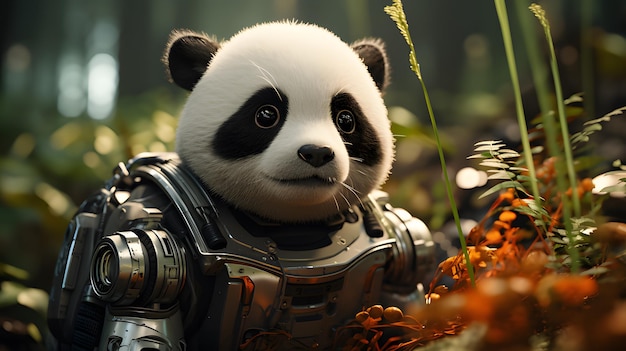 Foto panda lindo con traje de robot de fondo ia generativa