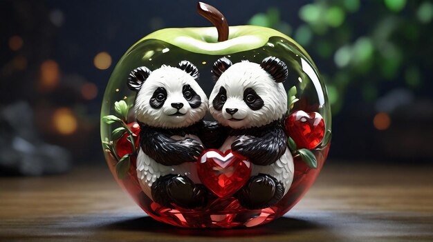 Panda Love Crystal Apple 3D Art 8K Ultra HD Romance Afeto Coração Paixão Devoção Em