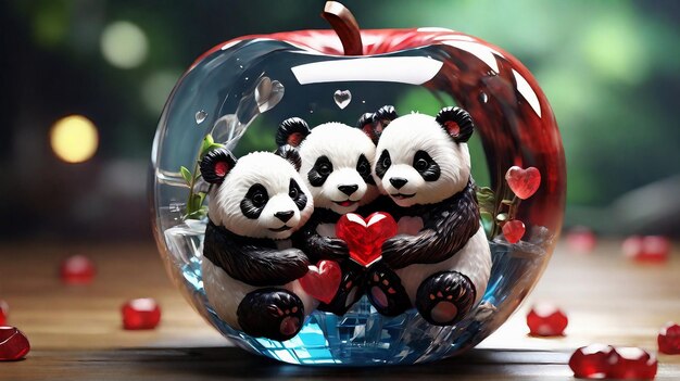 Foto panda love crystal apple 3d art 8k ultra hd romantik zuneigung herz leidenschaft hingabe em